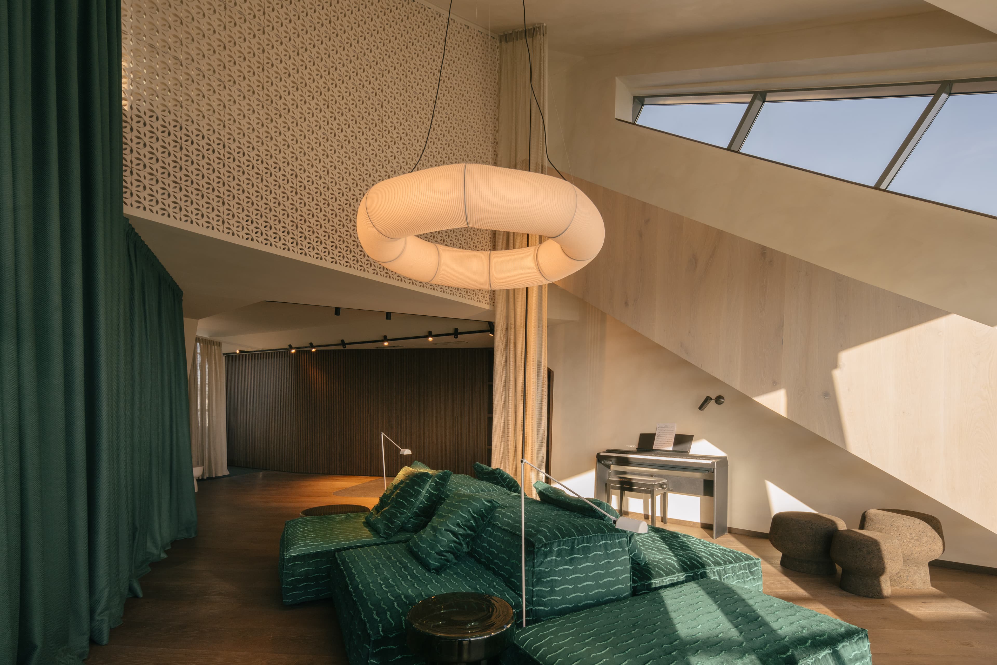 Bedroom view with sloped ceiling.